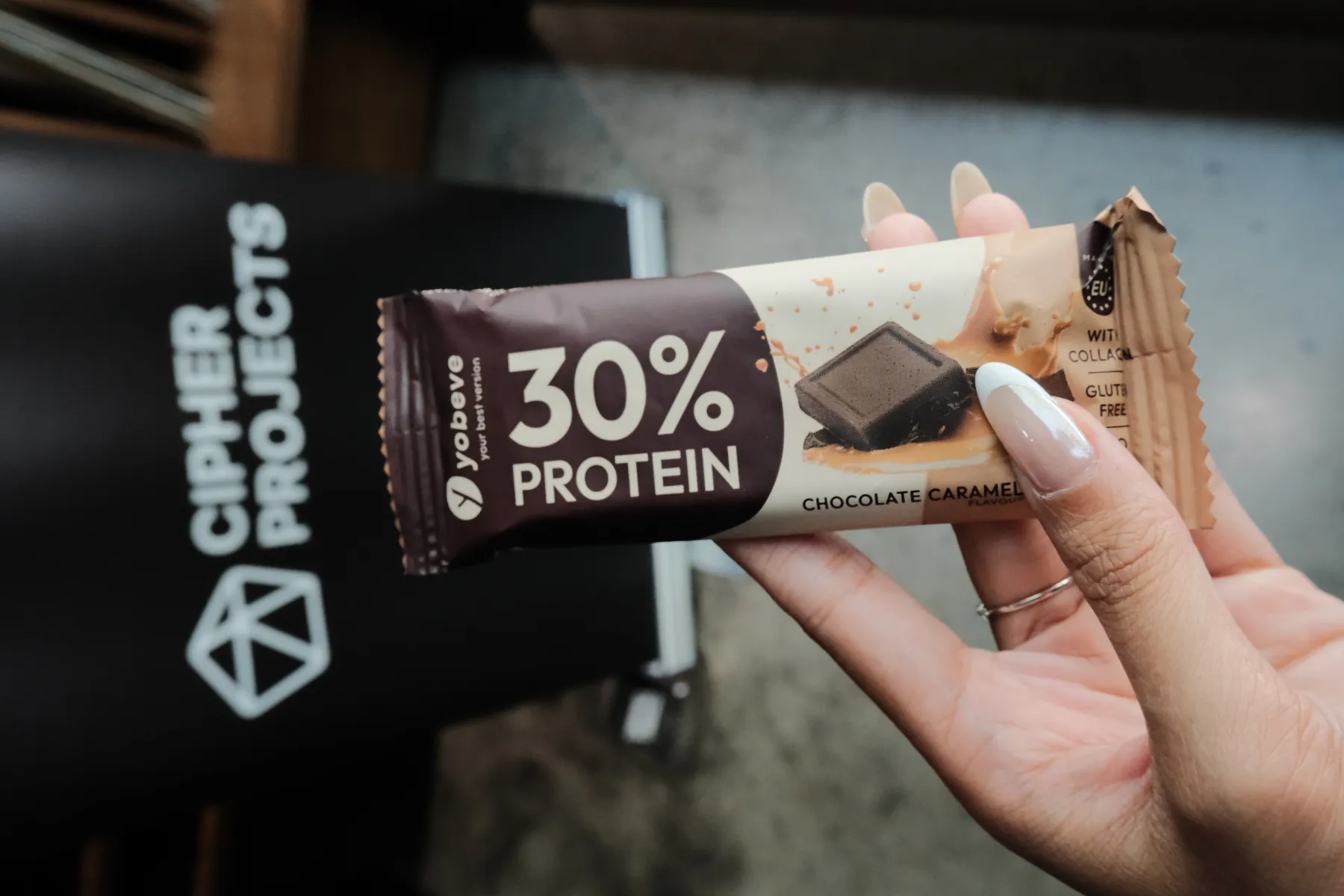 A sponsor protein bar from the meetup